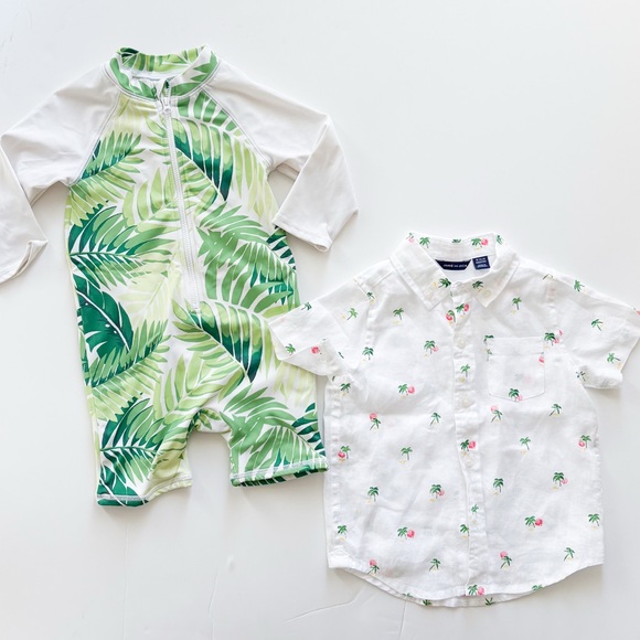 Janie and Jack Other - Janie & Jack Tropical Palm Rash Guard One Piece + Linen Shirt Set Baby Boy 18-24